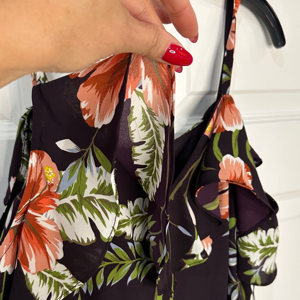 Adrianna Papell Floral Cold Shoulder Jumpsuit Wide Leg Flutter Sleeve Size 10 - Picture 3 of 10